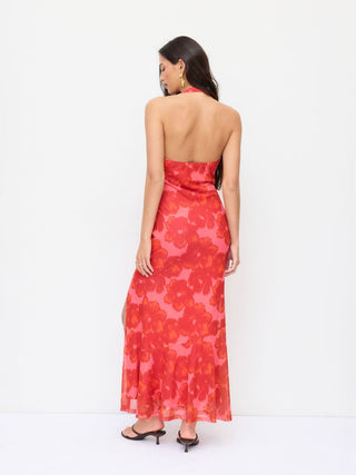 Floral Mesh Halter Neck Asymmetrical Split Mermaid Maxi Dress