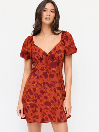 Abstract Print Sweetheart Puff Sleeve A-line Mini Dress