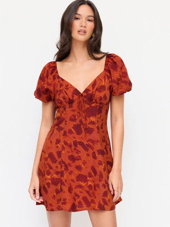 Abstract Print Sweetheart Puff Sleeve A-line Mini Dress