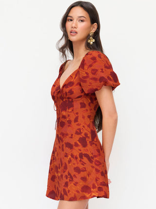 Abstract Print Sweetheart Puff Sleeve A-line Mini Dress