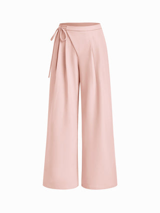 Mid Rise Tie Side Knotted Pleated Wide Leg Trousers