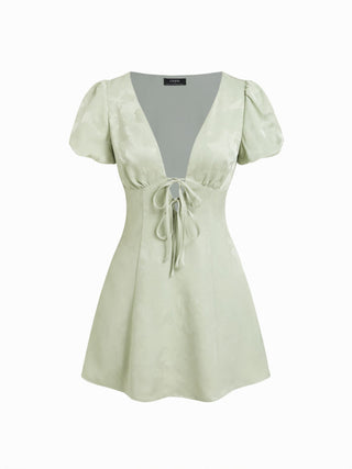Jacquard V-neck Puff Sleeve Tie Front A-line Mini Dress