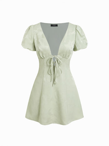 Jacquard V-neck Puff Sleeve Tie Front A-line Mini Dress