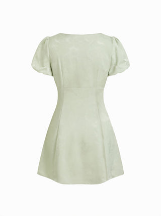 Jacquard V-neck Puff Sleeve Tie Front A-line Mini Dress