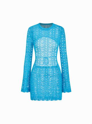 Knit Pointelle Hollow Out Long Sleeve Cover Up Dress