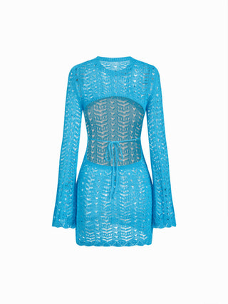 Knit Pointelle Hollow Out Long Sleeve Cover Up Dress