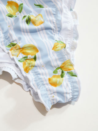 Knit Fabric Halter Neckline Lemon Striped Lettuce Trim Low Rise Bikini Set For Vacation Swimming Pool Beach