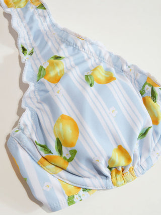 Knit Fabric Halter Neckline Lemon Striped Lettuce Trim Low Rise Bikini Set For Vacation Swimming Pool Beach