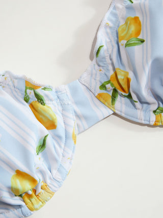 Knit Fabric Halter Neckline Lemon Striped Lettuce Trim Low Rise Bikini Set For Vacation Swimming Pool Beach