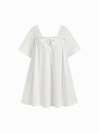 Linen-blend Linen-blend Sweetheart Neck Lace Trim Bowknot Oversized Mini Nightdress  For Home Bedroom