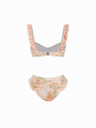 Knit Fabric Sweetheart Fruit Graphic Broderie Anglaise Bowknot Underwire Low Rise Cheeky Bikini Set For Vacation Swimming Pool Beach