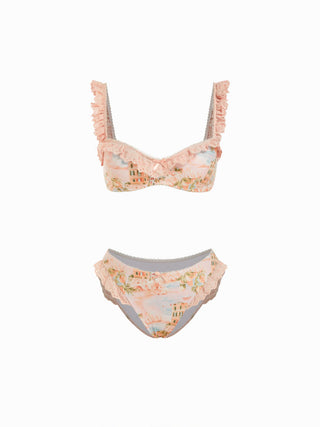 Knit Fabric Sweetheart Fruit Graphic Broderie Anglaise Bowknot Underwire Low Rise Cheeky Bikini Set For Vacation Swimming Pool Beach