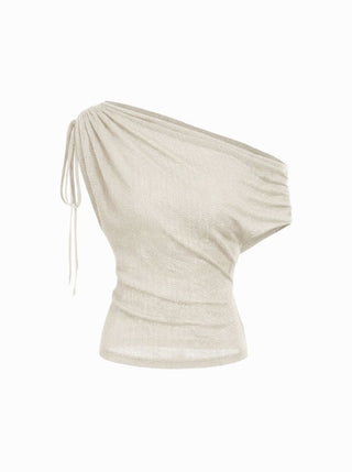 Linen-blend Linen-blend See-Through Off-shoulder Drawstring Top For Daily Casual Work