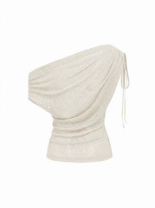 Linen-blend Linen-blend See-Through Off-shoulder Drawstring Top For Daily Casual Work