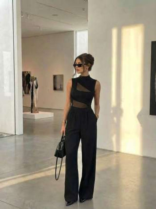 High Neck Solid Cut Out Patched Wide Leg Jumpsuit