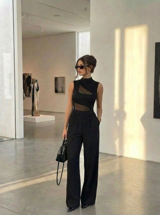 High Neck Solid Cut Out Patched Wide Leg Jumpsuit