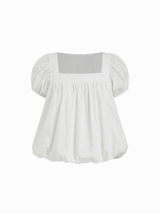 Cotton-blend Square Neck Puff Sleeve Ruched Bubble Hem Blouse
