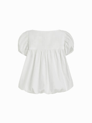 Cotton-blend Square Neck Puff Sleeve Ruched Bubble Hem Blouse