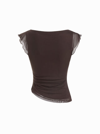 Mesh Boat Neck Lettuce Trim Ruched Top