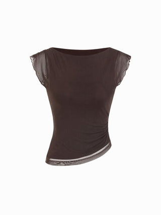Mesh Boat Neck Lettuce Trim Ruched Top