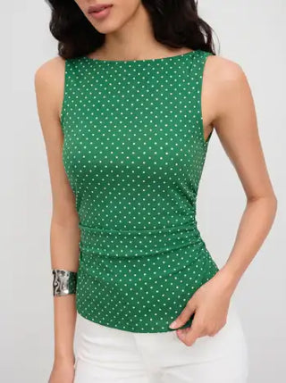 Cotton-blend Boat Neck Knotted Polka Dot Ruched Tank Top