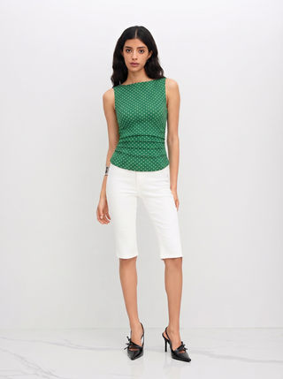 Cotton-blend Boat Neck Knotted Polka Dot Ruched Tank Top
