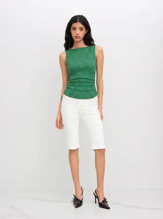 Cotton-blend Boat Neck Knotted Polka Dot Ruched Tank Top