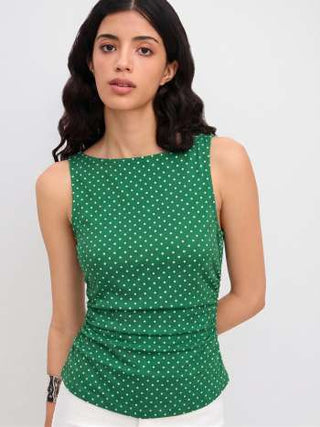 Cotton-blend Boat Neck Knotted Polka Dot Ruched Tank Top