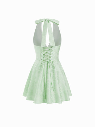 Jacquard Sculptural Halter V-neck Lace Up Backless Ruffle Mini Dress