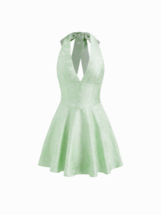 Jacquard Sculptural Halter V-neck Lace Up Backless Ruffle Mini Dress