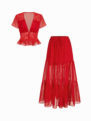 Chiffon Lace V-neck Top & Mid Rise Pleated Maxi Skirt Set