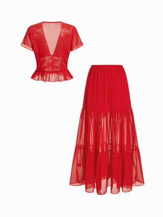 Chiffon Lace V-neck Top & Mid Rise Pleated Maxi Skirt Set