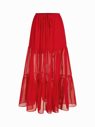 Chiffon Lace V-neck Top & Mid Rise Pleated Maxi Skirt Set