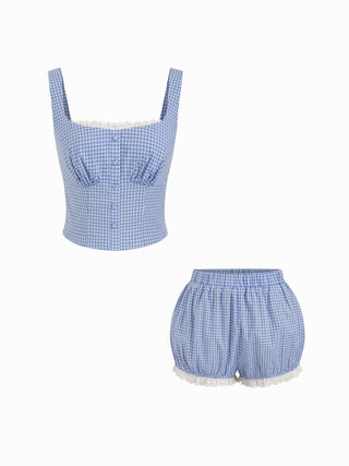 Woven Cotton Square Neck Lace Panel Gingham Top & Mid Rise Bubble Hem Shorts Set For Daily Casual