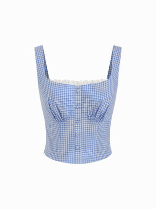 Woven Cotton Square Neck Lace Panel Gingham Top & Mid Rise Bubble Hem Shorts Set For Daily Casual