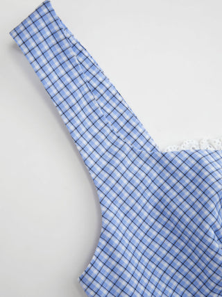 Woven Cotton Square Neck Lace Panel Gingham Top & Mid Rise Bubble Hem Shorts Set For Daily Casual