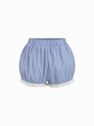 Woven Cotton Square Neck Lace Panel Gingham Top & Mid Rise Bubble Hem Shorts Set For Daily Casual