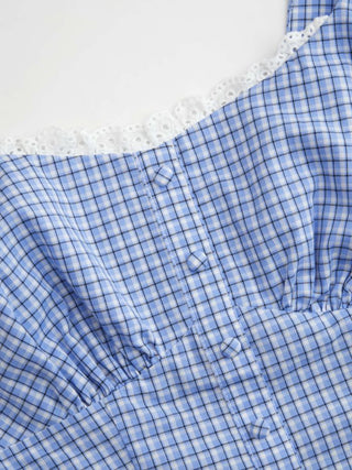 Woven Cotton Square Neck Lace Panel Gingham Top & Mid Rise Bubble Hem Shorts Set For Daily Casual