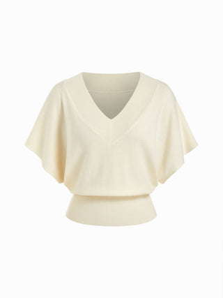 Knit Wool-blend V-neck Batwing Sleeve Short Sleeve Top