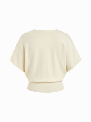 Knit Wool-blend V-neck Batwing Sleeve Short Sleeve Top