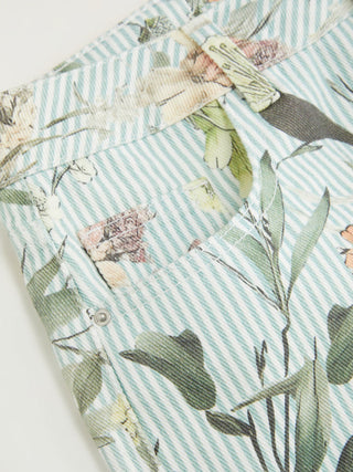 Denim Low Rise Striped Floral Graphic Asymmetrical Metal Detail Wide Leg Jeans
