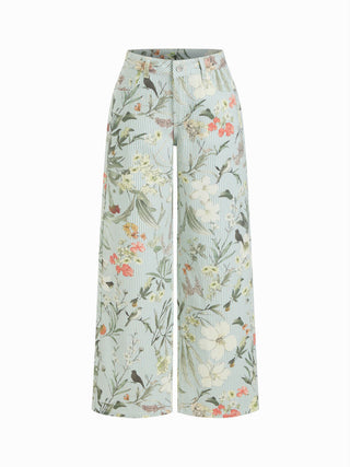 Denim Low Rise Striped Floral Graphic Asymmetrical Metal Detail Wide Leg Jeans