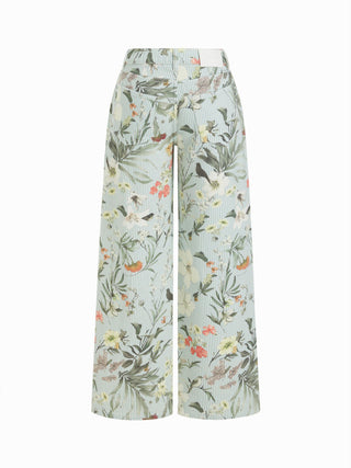 Denim Low Rise Striped Floral Graphic Asymmetrical Metal Detail Wide Leg Jeans