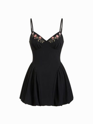 Floral Embroidery Sweetheart Neck Bubble Hem Mini Dress