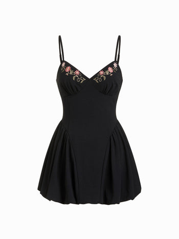 Floral Embroidery Sweetheart Neck Bubble Hem Mini Dress