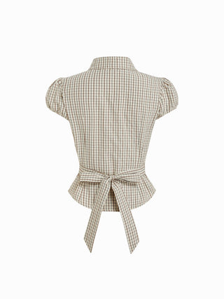 Cotton-blend Plaid Puff Sleeve Ruched Blouse