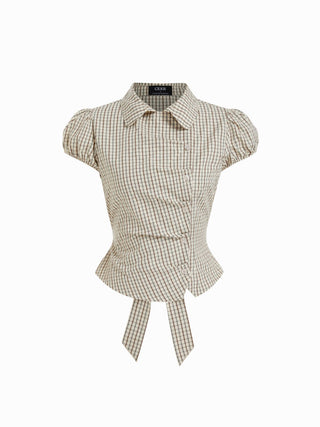 Cotton-blend Plaid Puff Sleeve Ruched Blouse
