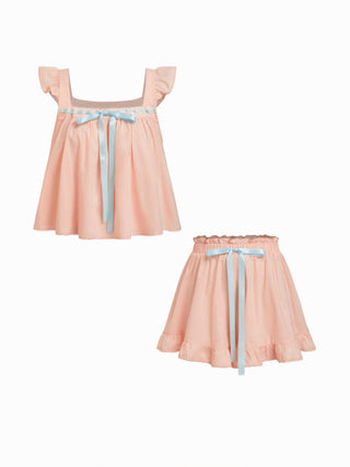 Woven Cotton Square Neck Bowknot Tank & High Rise Shorts Loungewear Set For Home Bedroom