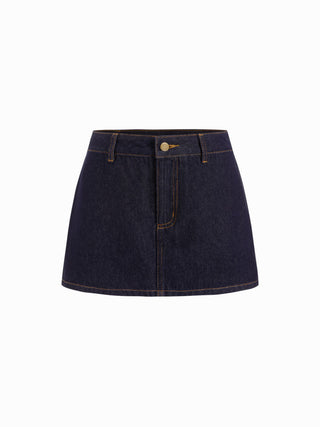 Denim Low Rise Washed Metal Detail A-line Mini Skort