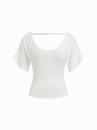Viscose Scoop Neck Backless Short Sleeve Top